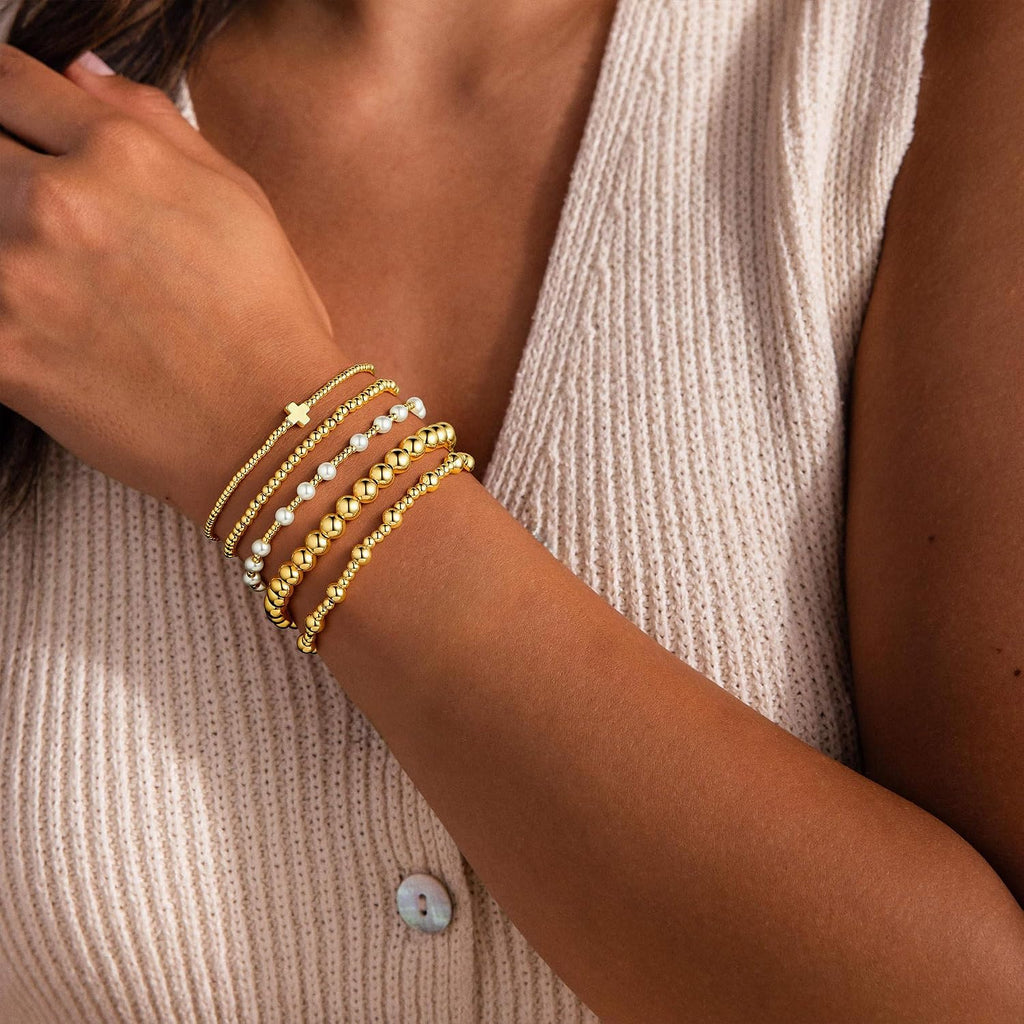 M MOOHAM Gold Beaded Bracelet Set for Women, Pearl Cross Stackable Jewelry | 14K Gold Plated Beaded Bracelets Set, Adjustable Stretch, Non Tarnish bracelet, Trendy Stackable Jewelry Gifts