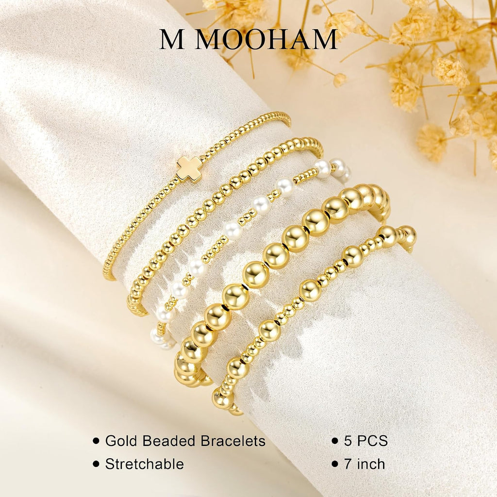 M MOOHAM Gold Beaded Bracelet Set for Women, Pearl Cross Stackable Jewelry | 14K Gold Plated Beaded Bracelets Set, Adjustable Stretch, Non Tarnish bracelet, Trendy Stackable Jewelry Gifts