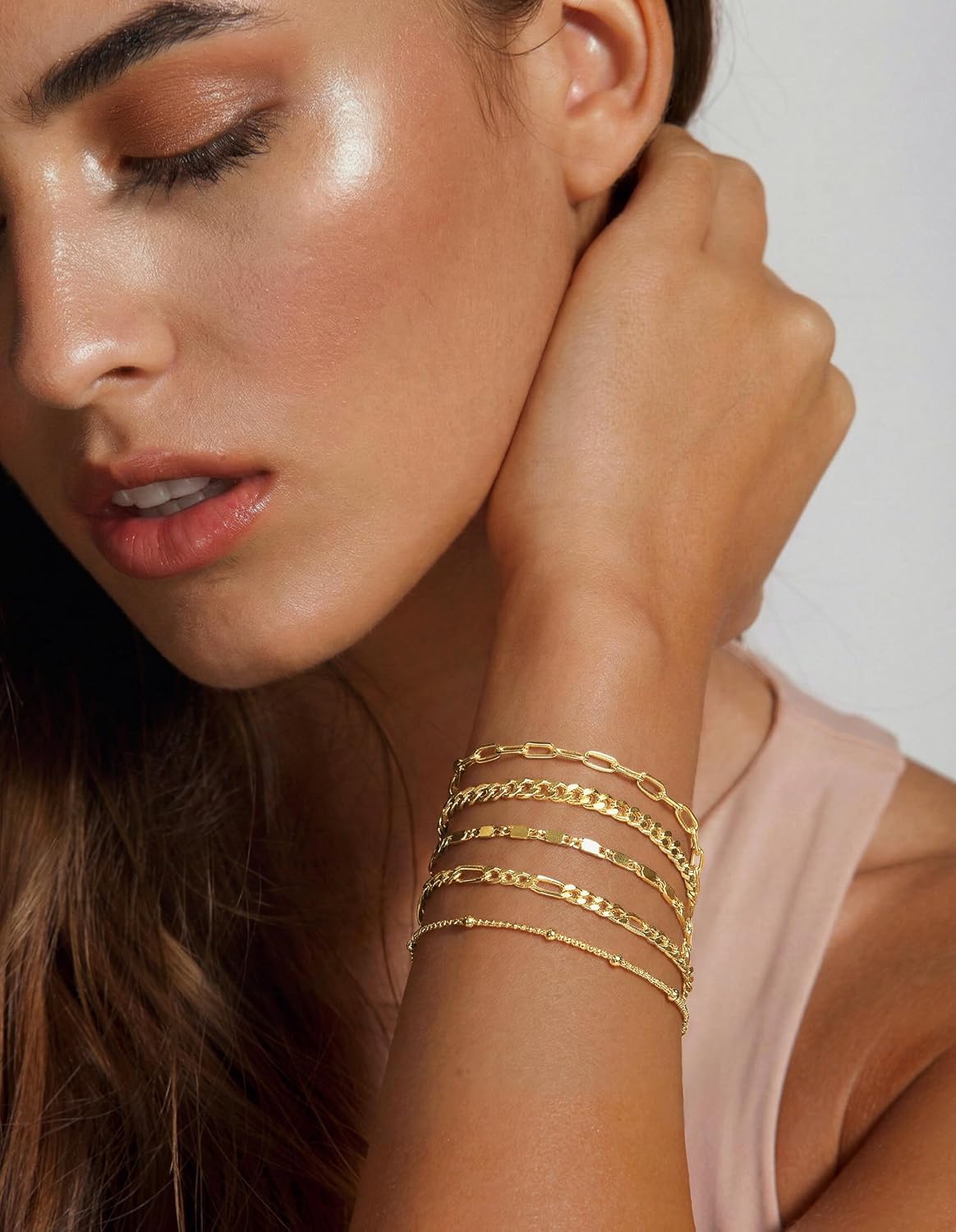Gold Bracelets Set for Women Non Tarnish Trendy,14K Gold Plated Dainty Stackable Paperclip Cuban Link Chain Bracelets, Simple Cute Cuff Bracelets Jewelry Set Adjustable 7"+2"