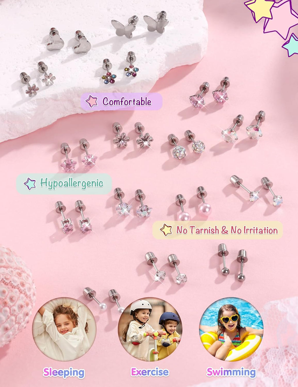 CASSIECA 16Pairs Hypoallergenic Flat Back Earrings for Girls Stud Earrings | Screwback Stud Earrings,FlatBack For Girls Kids Toddler Women,Surgical Steel,Cute Pearl Heart Flower Studs,Jewelry Gift