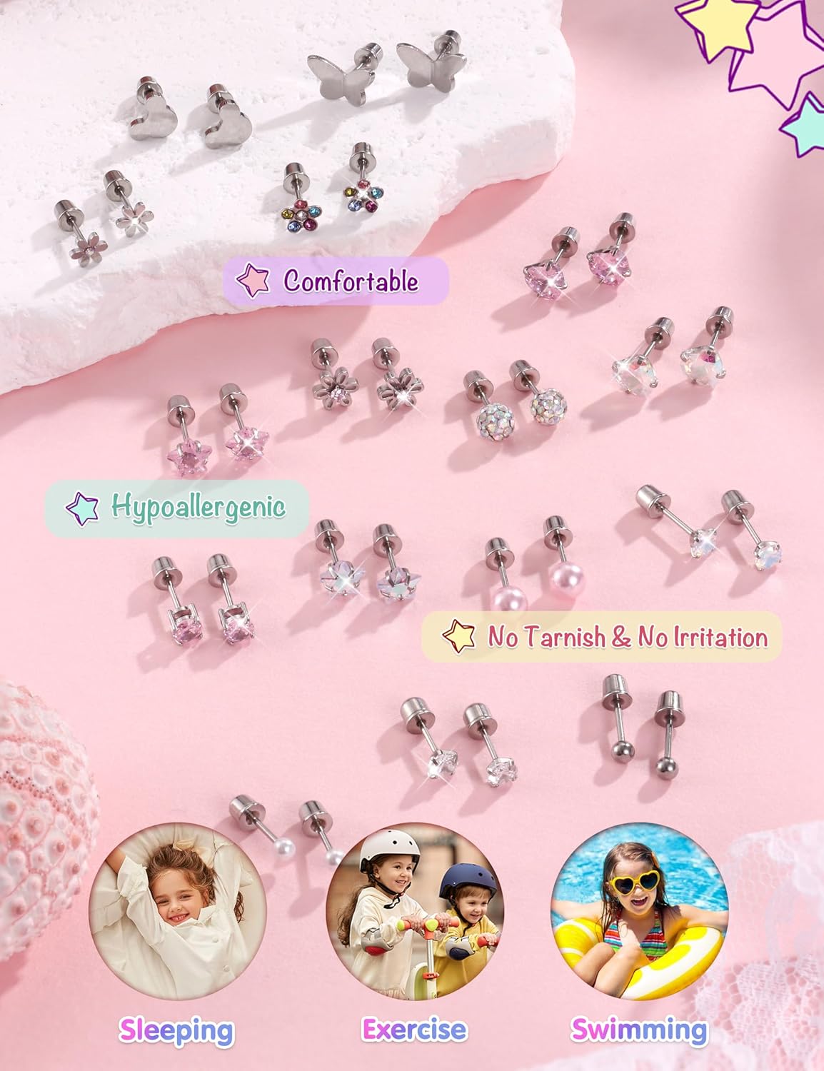 CASSIECA 16Pairs Hypoallergenic Flat Back Earrings for Girls Stud Earrings | Screwback Stud Earrings,FlatBack For Girls Kids Toddler Women,Surgical Steel,Cute Pearl Heart Flower Studs,Jewelry Gift