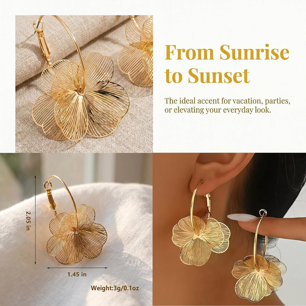 Gold Silver Flower Dangle Earrings for Women | Cute Statement Trendy Floral Drop Earrings, Boho Fashion Lightweight Hoop Jewelry Gift, Hypoallergenic for Sensitive Ears