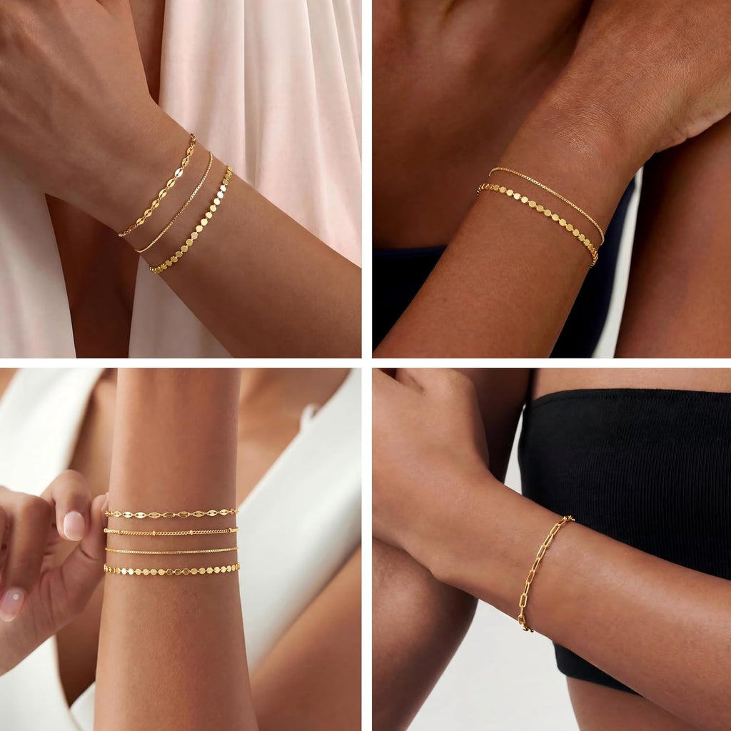 Dainty Simple Gold Bracelets for Women, Stackable Satellite Paperclip Lip Bracelet Set Tiny Lip Dot Chain Box Link for Handmade Gift Minimalist Cute Trendy Jewelry Gold Accessories for Women