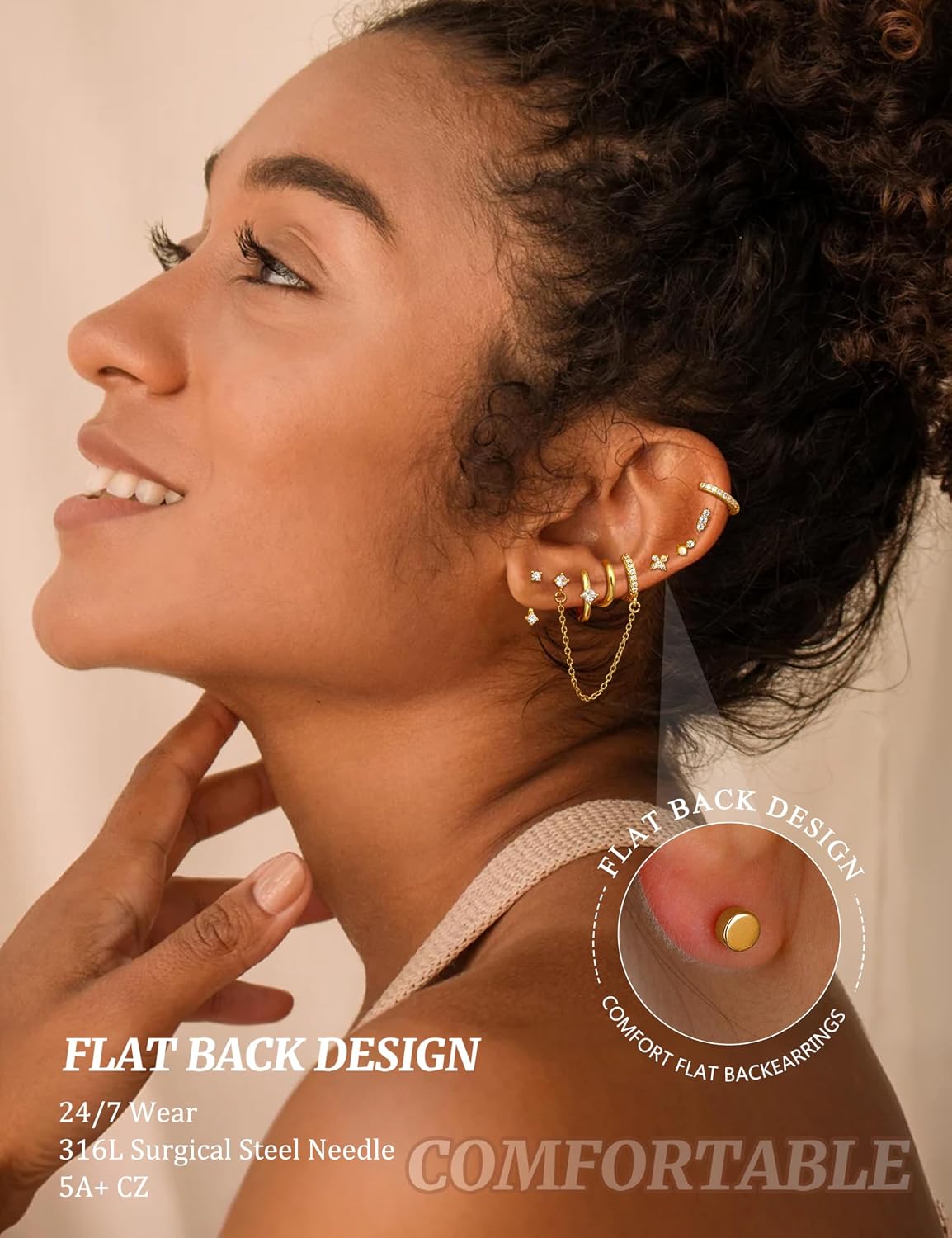 Gold Earrings for Women Flat Back Earrings Hypoallergenic Earring Stacks | 14K Gold Plated Surgical Stainless Steel Earring Set Chain Cartilage Earrings - Helix Piercing Jewelry for Women Trendy Gold