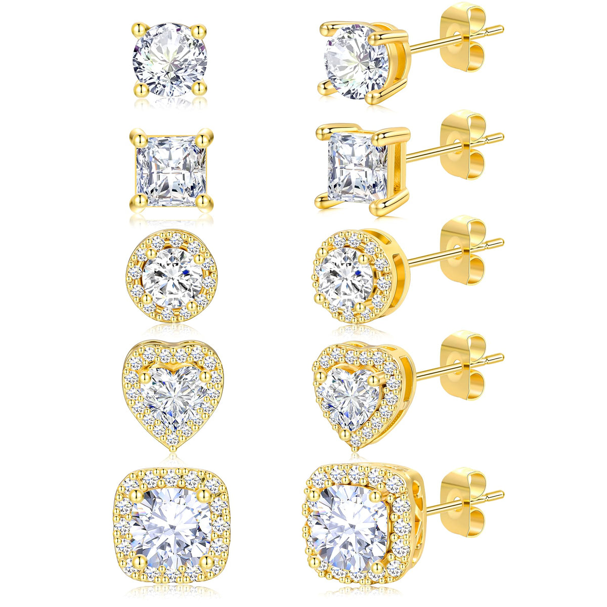 5 Pairs 14K Gold Plated Stud Earrings for Women, CZ Multiple Piercing Set | Hypoallergenic CZ Stud Earrings Set, 3-7mm Cubic Zirconia, Lightweight Comfortable Studs, Non Tarnish Jewelry, Gift for Women