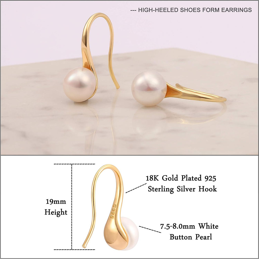 925 Sterling Silver Hoop Handpicked AAA+ Quality 7.5-8mm White Freshwater Cultured Pearl Dangle Drop Earrings Jewelry for Women