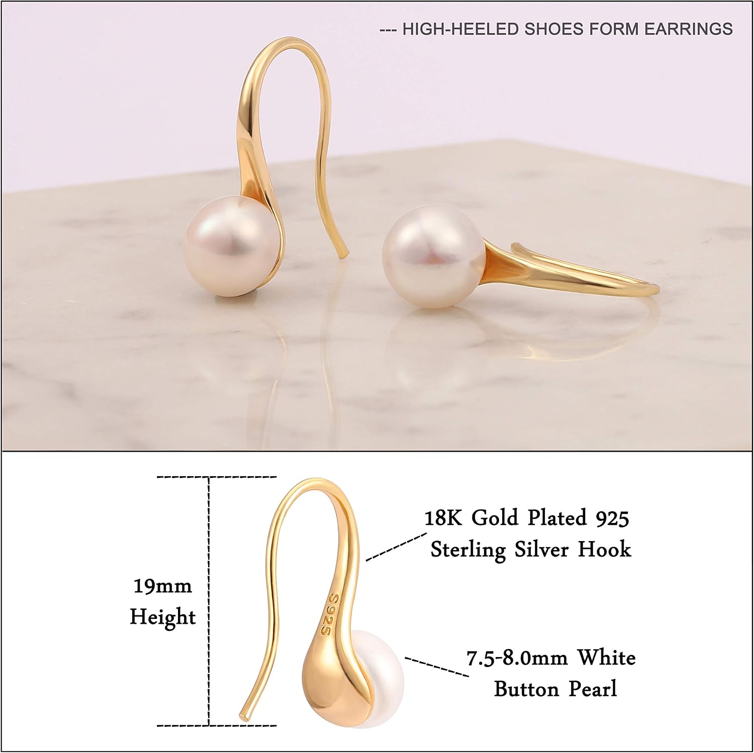 925 Sterling Silver Hoop Handpicked AAA+ Quality 7.5-8mm White Freshwater Cultured Pearl Dangle Drop Earrings Jewelry for Women