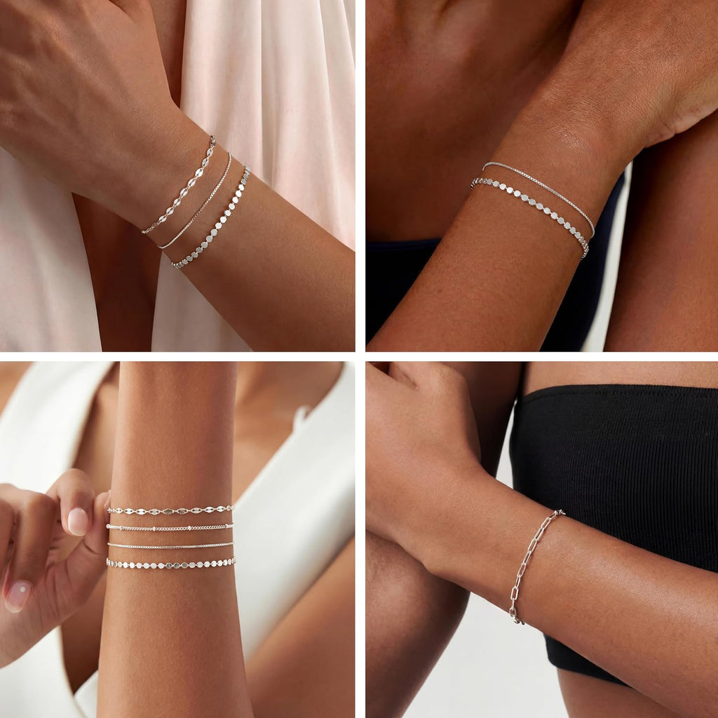 MBW Sterling Silver Simple Thin Bracelets for Women Trendy | Dainty S925 Silver Bracelets for Women Chain Bracelet Stack Set Waterproof Jewelry Minimalist Small Bracelet for Women Gift