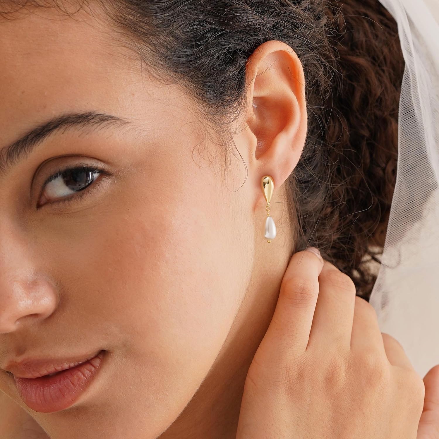 Plenky Pearl Earrings-14K Gold Plated Dainty Pearl Drop Simple Wedding CZ Dangle Dangling Cute Stud Earrings for Brides Earrings for Women Gifts