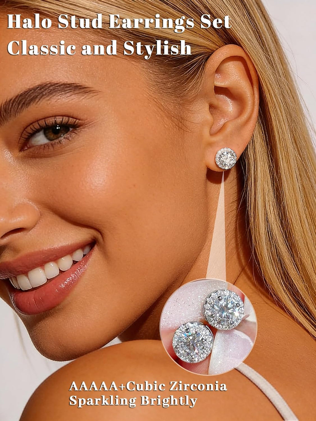 4 Pairs Silver Stud Earrings for Women, 18K Silver Plated Hypoallergenic Premium Cubic Zirconia Earrings, Halo Round Square Stud Earrings Set for Women Men