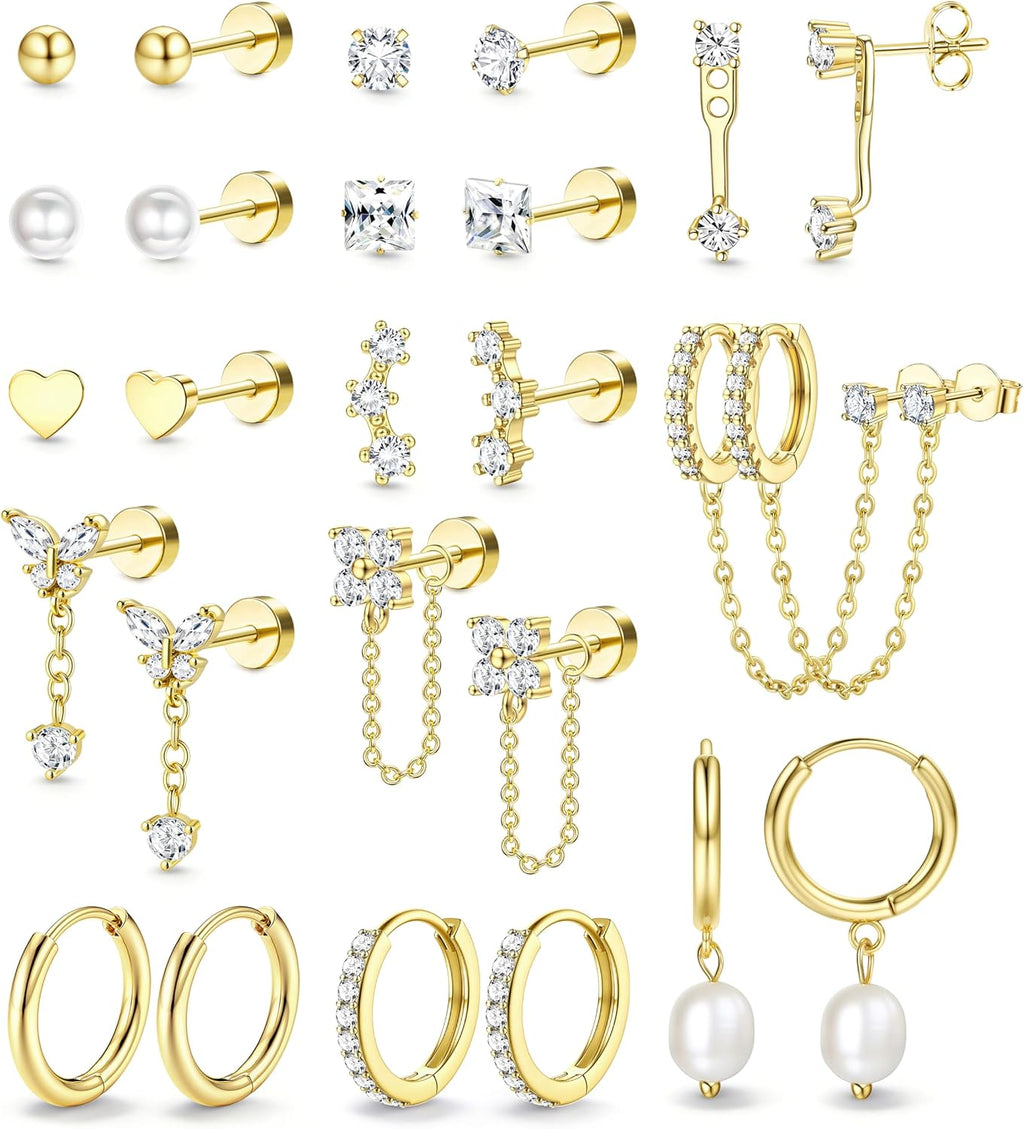LOLIAS Hypoallergenic Flat Back Earrings Set for Women-Surgical Stainless Steel Earrings for Sensitive Ears-14K Gold Plated Chain Cartilage Earring Stacks Flatback Stud Hoop Earring Sets for Multiple Piercing Jewelry