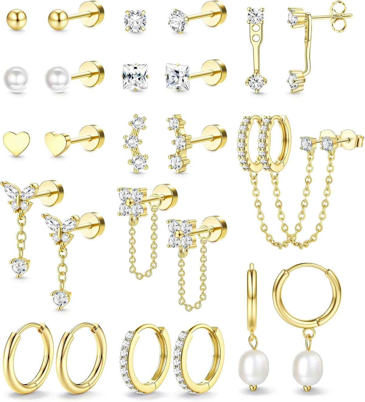 LOLIAS Hypoallergenic Flat Back Earrings Set for Women-Surgical Stainless Steel Earrings for Sensitive Ears-14K Gold Plated Chain Cartilage Earring Stacks Flatback Stud Hoop Earring Sets for Multiple Piercing Jewelry