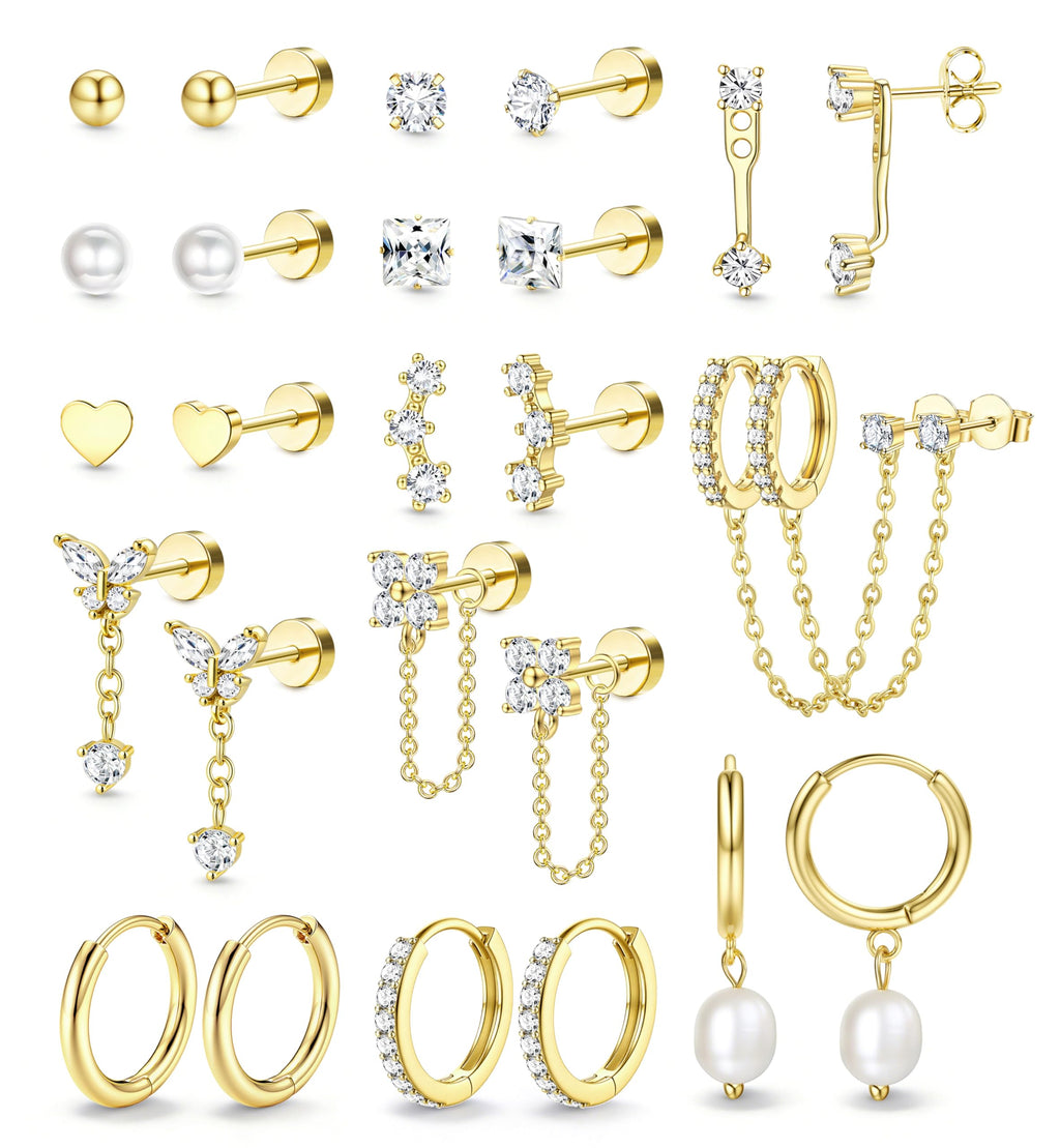 LOLIAS Hypoallergenic Flat Back Earrings Set for Women-Surgical Stainless Steel Earrings for Sensitive Ears-14K Gold Plated Chain Cartilage Earring Stacks Flatback Stud Hoop Earring Sets for Multiple Piercing Jewelry