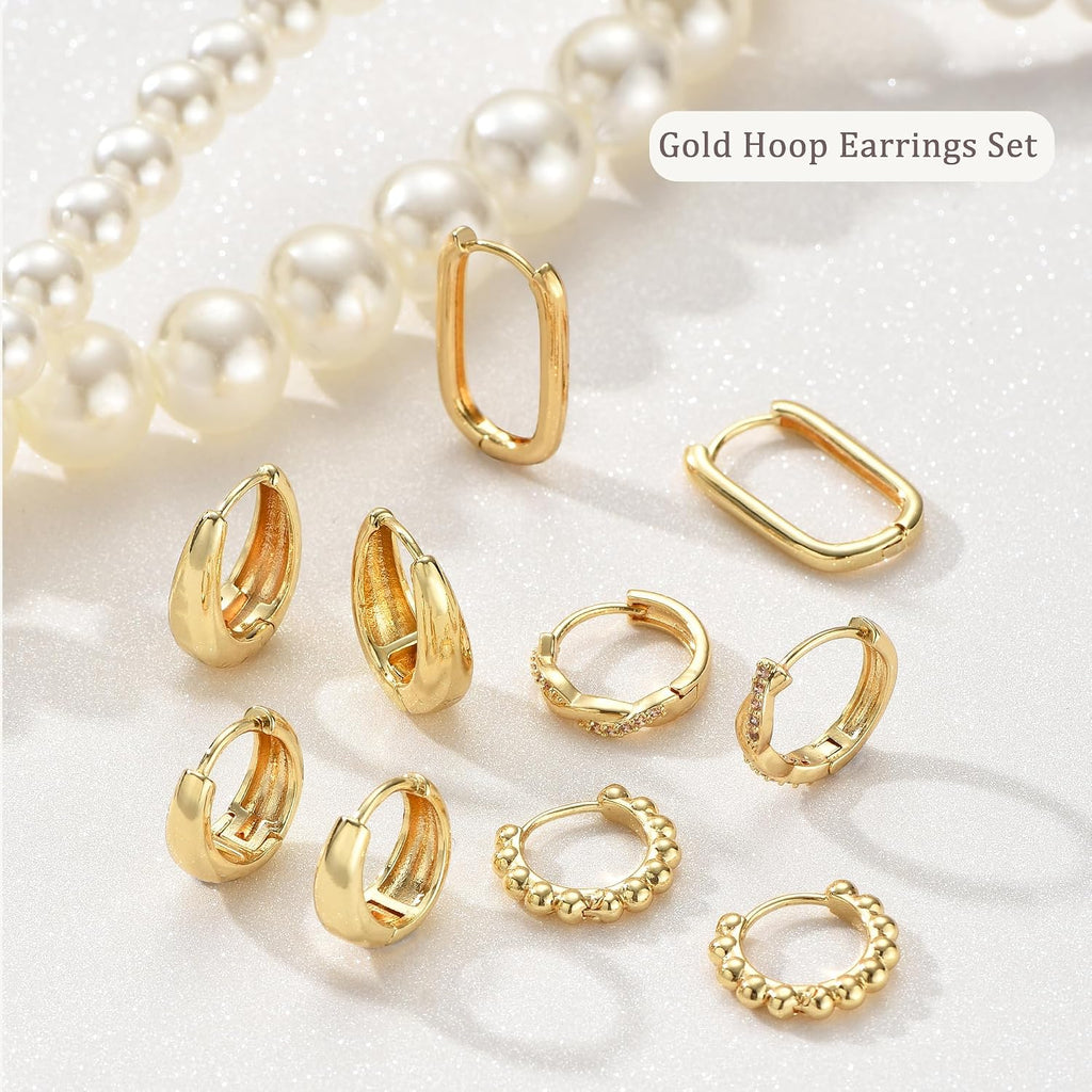 9 Pairs Small Gold/Silver Hoop Earrings Set for Women | 14K Gold Plated Chunky Hoop Small Earring Hypoallergenic Thick Open Lightweight Chunky Hoop Earrings Jewelry for Gifts