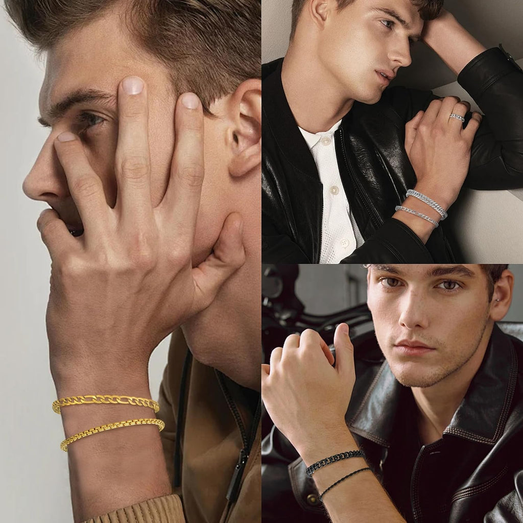 XIANNVXI 6pc Silver/Gold/Black Stainless Steel Bracelets for Men Gifts | 6.5/7/7.5/8.3/9 Inches Cuban Link Chain Bracelets Set Mens Fashion Accessories Jewelry Set
