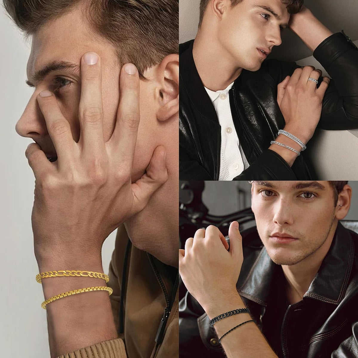 XIANNVXI 6pc Silver/Gold/Black Stainless Steel Bracelets for Men Gifts | 6.5/7/7.5/8.3/9 Inches Cuban Link Chain Bracelets Set Mens Fashion Accessories Jewelry Set