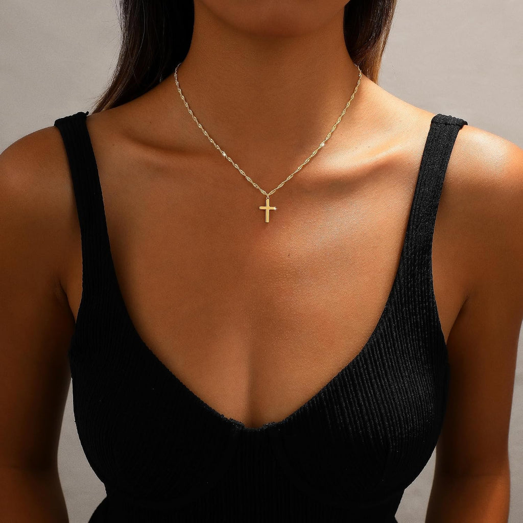Cross Necklace for Women 14K Gold Plated Dainty Small Pendant Choker | Waterproof Simple Cross Charm, Non Tarnish Trendy Chain, Cute Basket Stuffers Baptism Religious Faith Jewelry Gift for Her