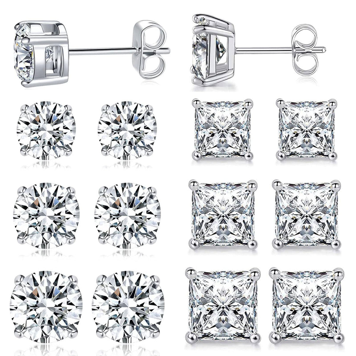 6 Pairs Stud Earrings for Men Women 316L Stainless Steel Earring | Hypoallergenic 3mm/5mm/7mm Princess & Round Cubic Zirconia Earring Set Surgical Steel CZ Ear Jewelry for Sensitive ears
