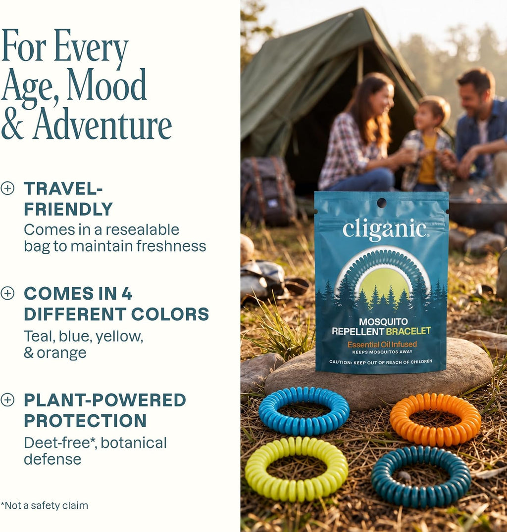Cliganic 25 Pack Mosquito Repellent Bracelets for Adults & Kids - Natural DEET-Free Bands, Individually Wrapped