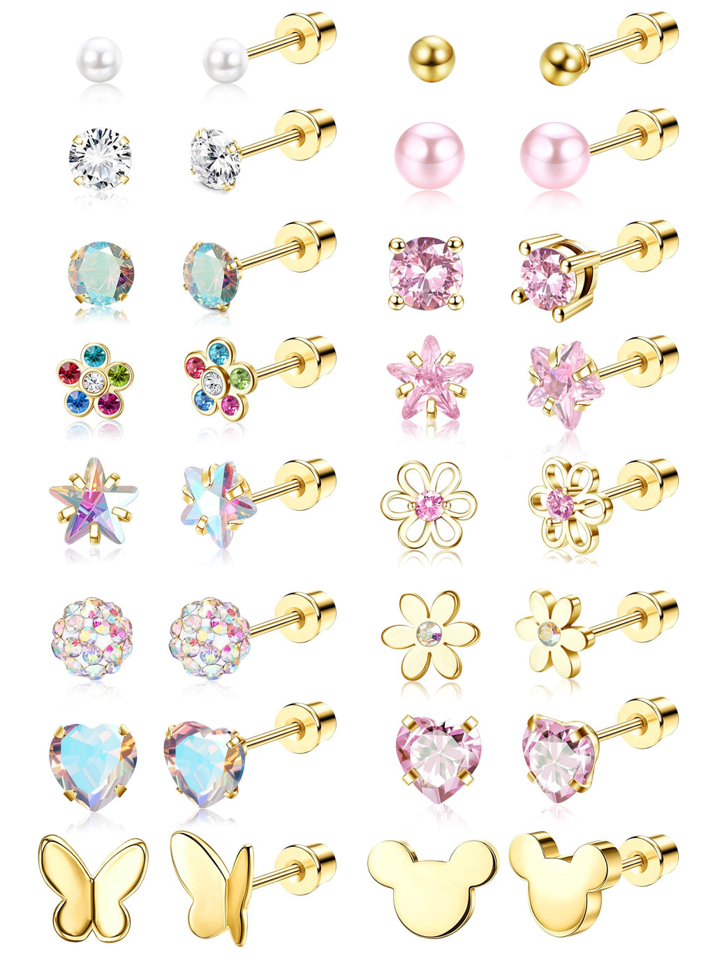 CASSIECA 16Pairs Hypoallergenic Flat Back Earrings for Girls Stud Earrings | Screwback Stud Earrings,FlatBack For Girls Kids Toddler Women,Surgical Steel,Cute Pearl Heart Flower Studs,Jewelry Gift