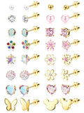 CASSIECA 16Pairs Hypoallergenic Flat Back Earrings for Girls Stud Earrings | Screwback Stud Earrings,FlatBack For Girls Kids Toddler Women,Surgical Steel,Cute Pearl Heart Flower Studs,Jewelry Gift