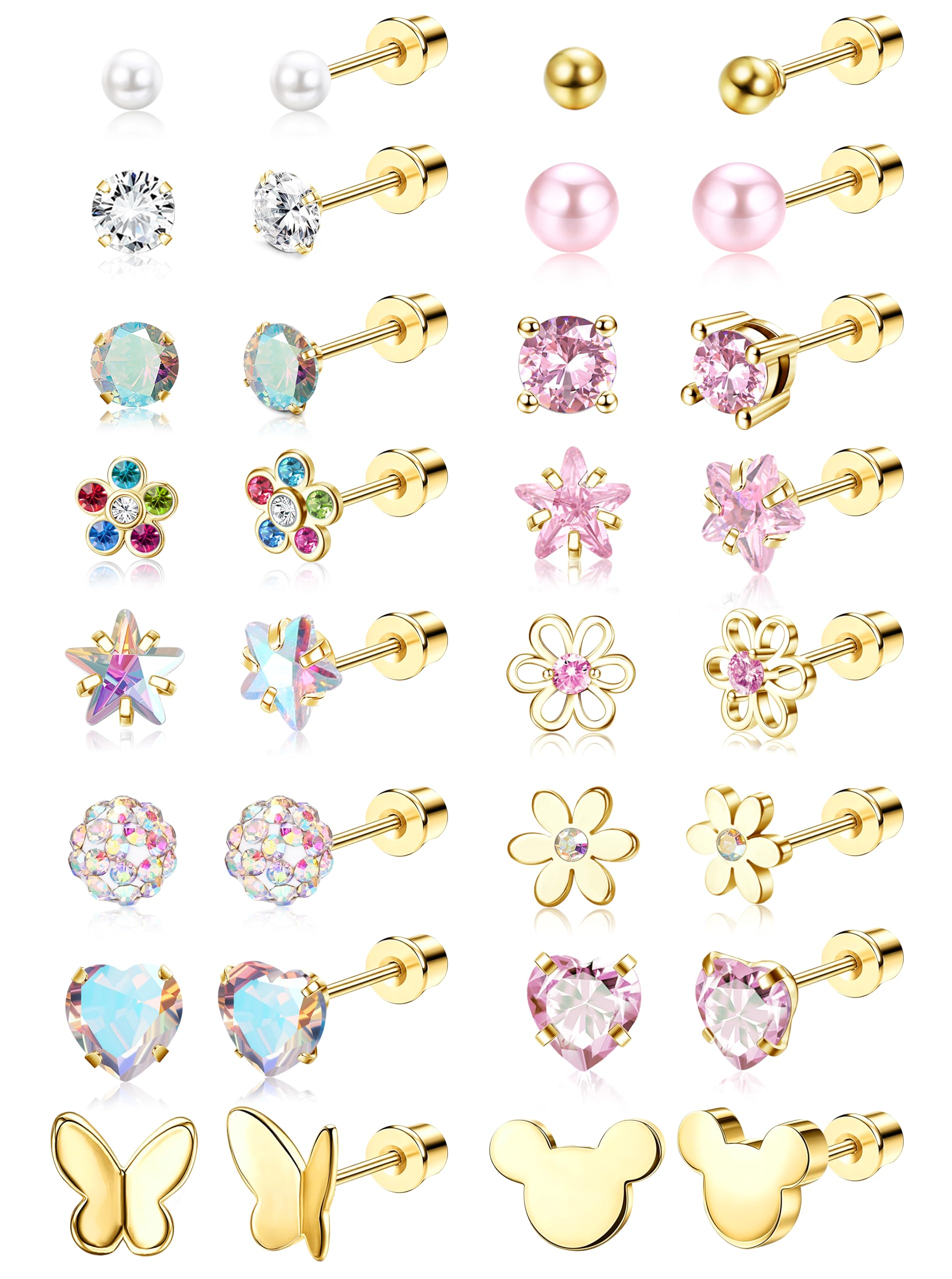 CASSIECA 16Pairs Hypoallergenic Flat Back Earrings for Girls Stud Earrings | Screwback Stud Earrings,FlatBack For Girls Kids Toddler Women,Surgical Steel,Cute Pearl Heart Flower Studs,Jewelry Gift