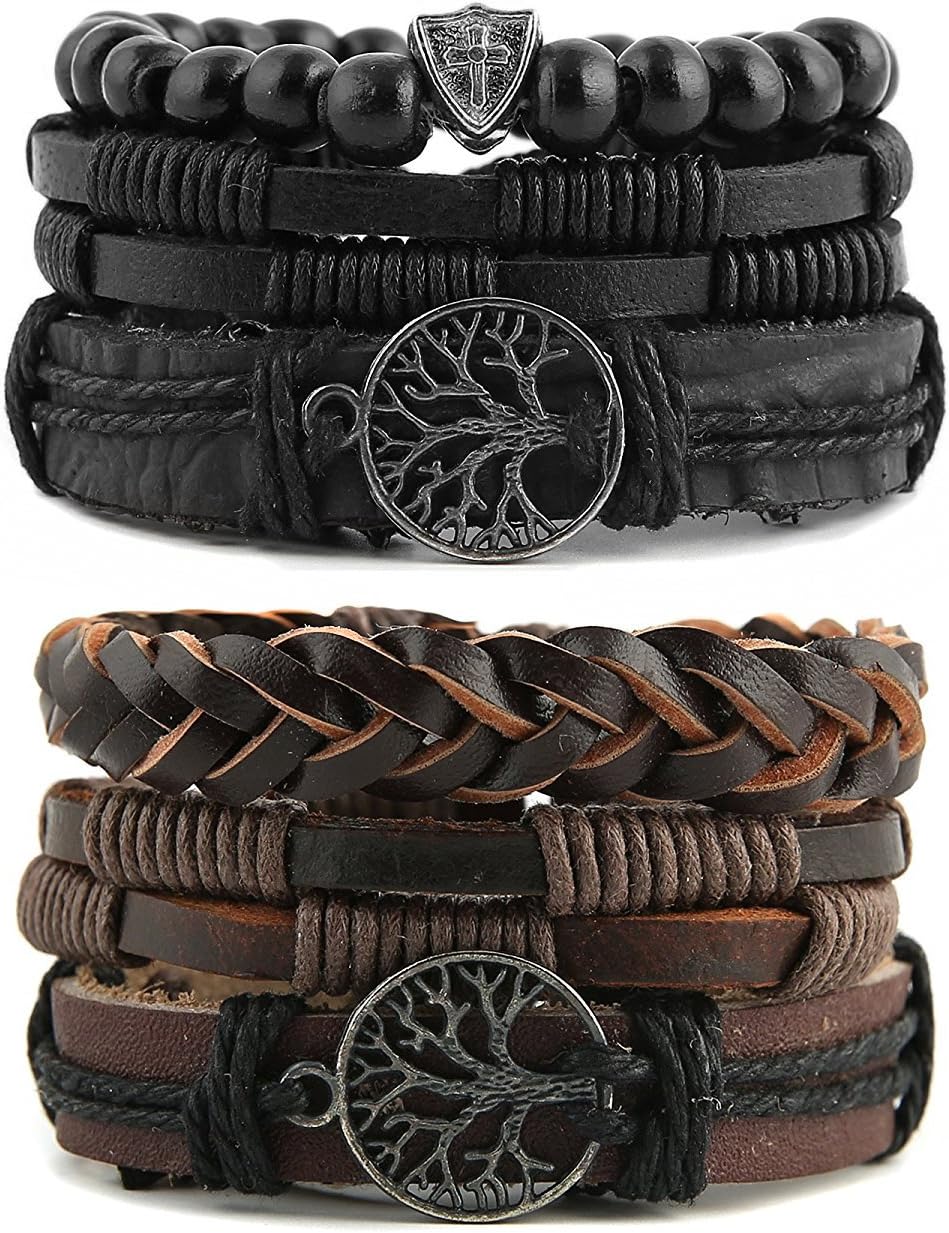 HZMAN Genuine Leather Tree of life Bracelets for Men Women | Handmade,Drawstring/Elastic,Lava Rock Beads,Tiger Eye Natural Stone,Gift,Comfortable to wear all day long