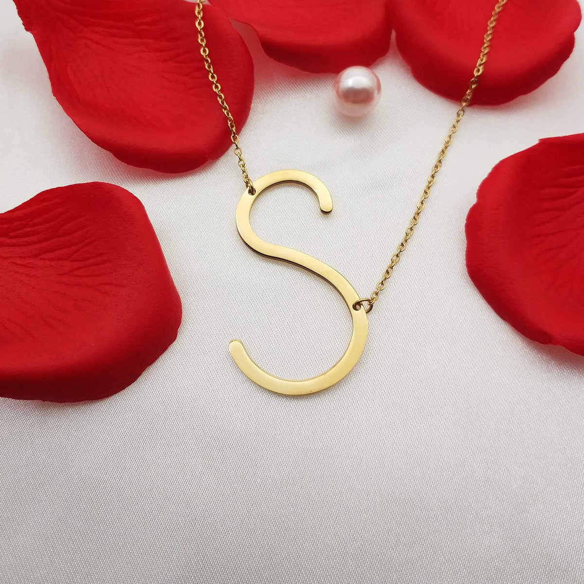 MOMOL Sideways Initial Necklace for Women Gold Plated Large Letter Necklace | Sideways Initial Necklace 18K Gold Plated Stainless Steel Large Big Letters Pendant Persoanlized Name Necklaces