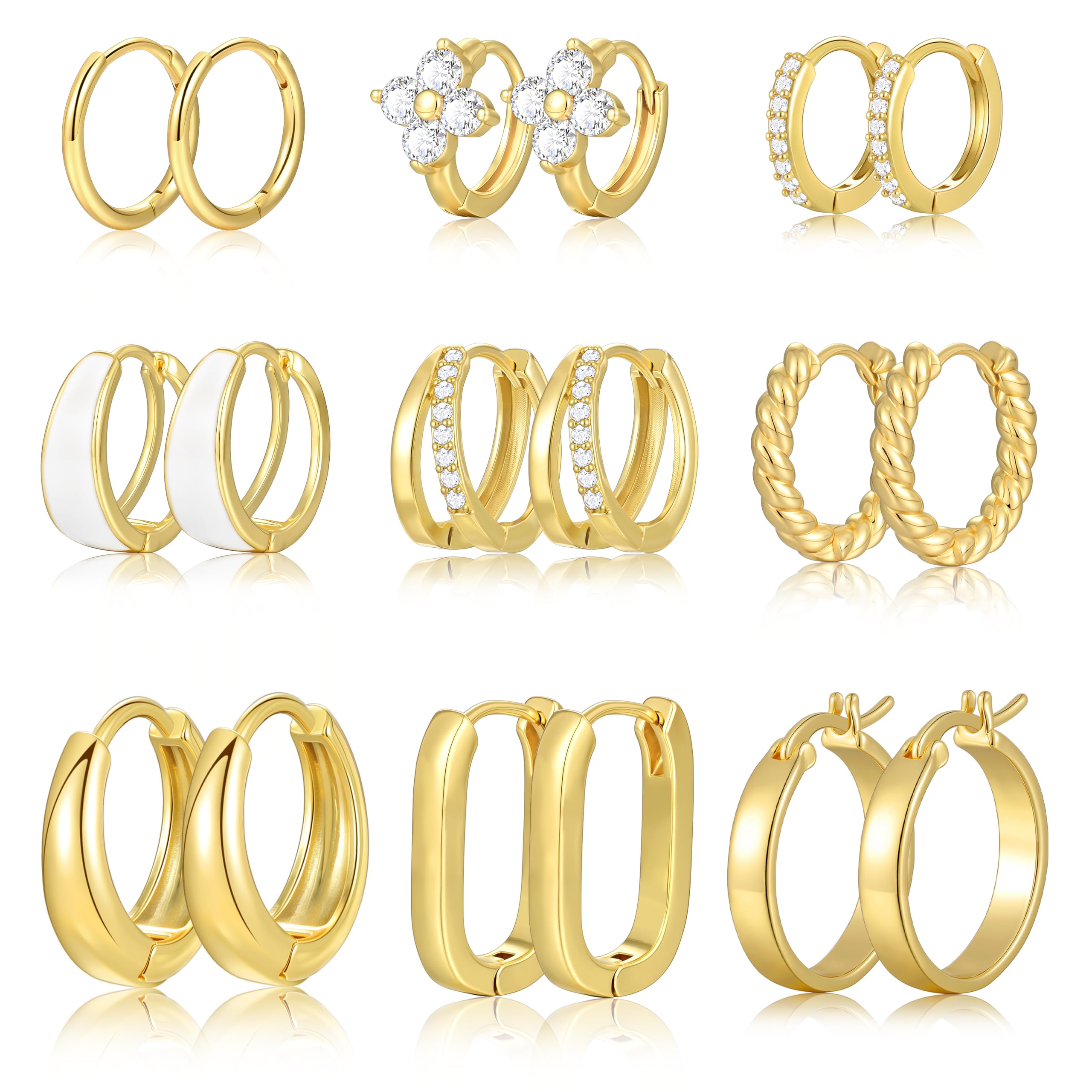 9 Pairs Gold Huggie Hoop Earrings for Women, 14K Gold Plated Stackable Set | Hypoallergenic Small Hoop Earrings, Lightweight Comfortable Huggies, Non Tarnish, Multiple Piercing Set, Great Gift for Women