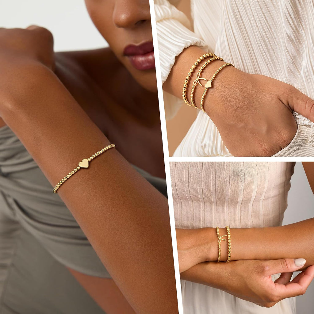 3PCS 14K Gold Plated Beaded Stretch Bracelet for Women Teen Girls | Stacked Beaded Bracelet Set, Dainty Bow Cross Heart Wave CZ Charm, Waterproof, 7 Inch Elastic, Teen Girls Summer Jewelry
