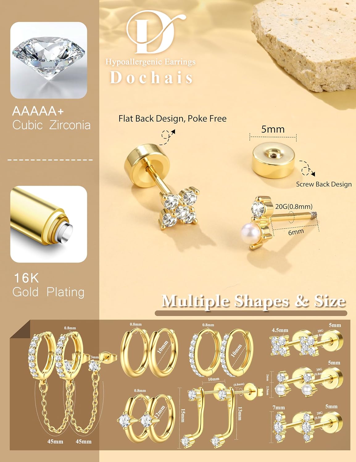 Gold Earrings for Women Flat Back Earrings Hypoallergenic Earring Stacks | 14K Gold Plated Surgical Stainless Steel Earring Set Chain Cartilage Earrings - Helix Piercing Jewelry for Women Trendy Gold