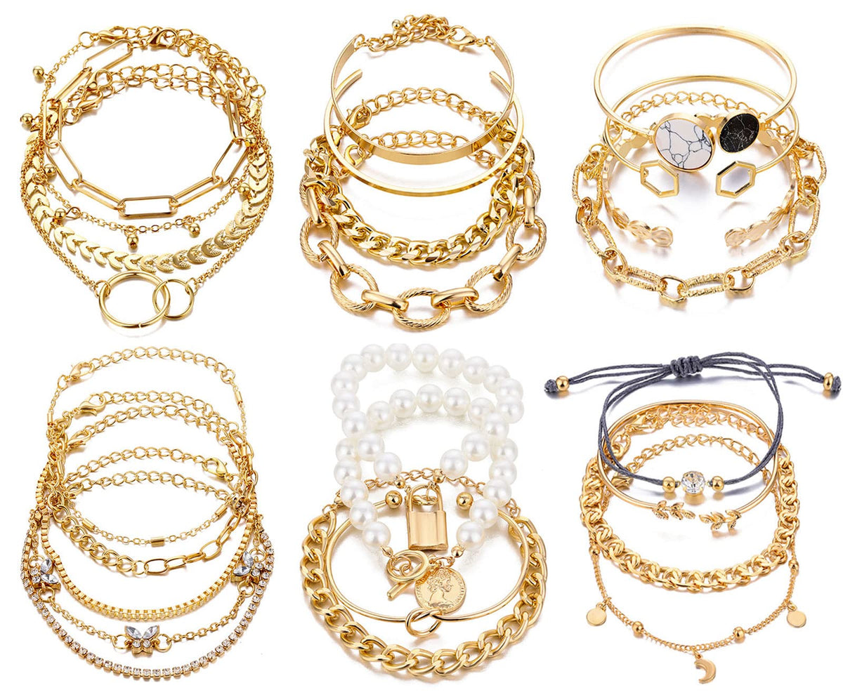 17IF 18-25 PCS(6 Pack) Boho Gold Silver Stackable Bracelets Set for Women | Chunky Dainty Bangles Adjustable Chain Flat Cuff Cuban Punk Charm Bundle Jewelry