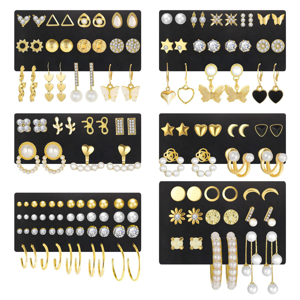 84 Pairs Gold Stud Earrings Set for Women Multipack, Fashion Pearl Cubic Zirconia Butterfly Earrings Packs Piercings, Hypoallergenic Stud Hoops Earrings for Gift