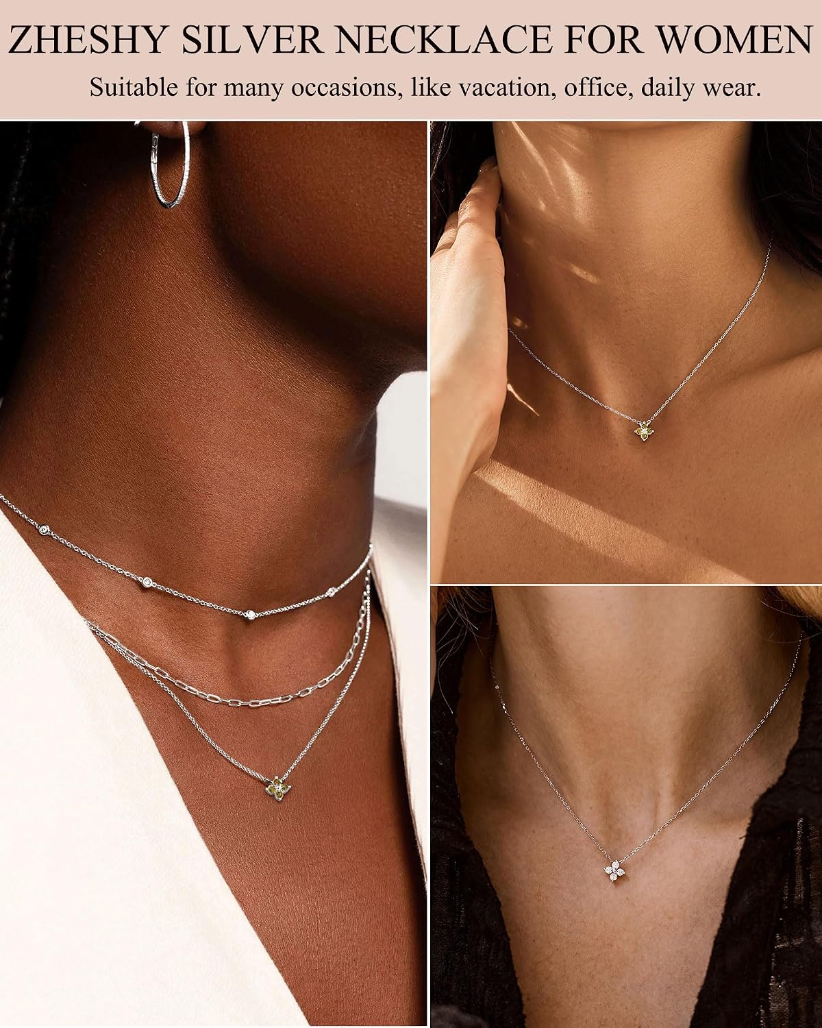 ZHESHY Birthstone Silver Necklaces for Women Dainty Diamond Clover Necklace | Simple Non Tarnish Cubic Zirconia Pendant Necklaces Women Silver Trendy Jewelry Bridesmaid Birthday Gifts