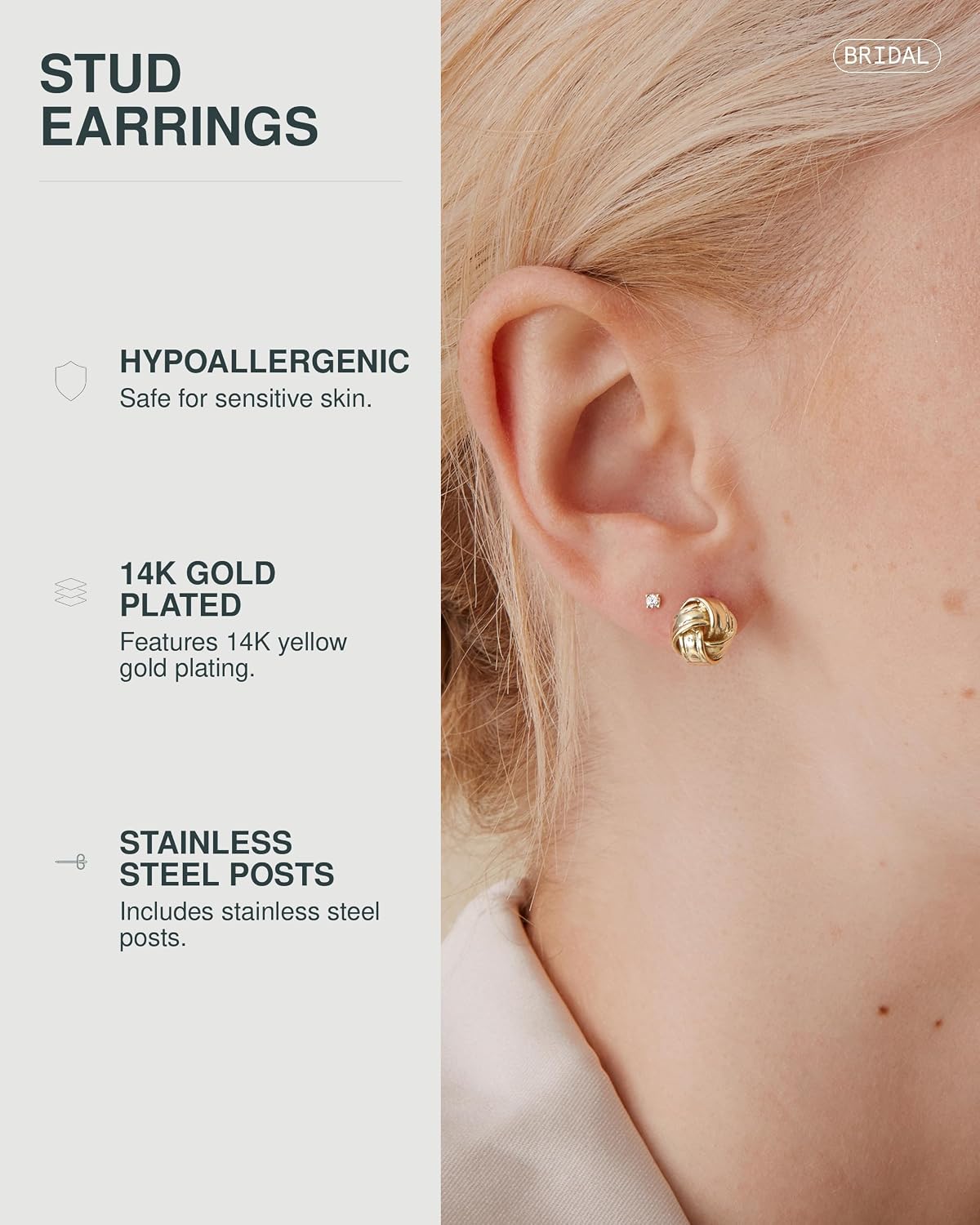 PAVOI 14K Gold Plated Love Knot Stud Earrings for Women, Small Elegant Stud | Hypoallergenic Earrings with 925 Sterling Silver Posts, Dainty Knot Gold Earrings