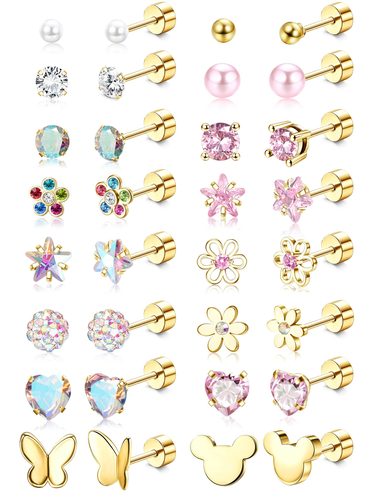 CASSIECA 16Pairs Hypoallergenic Flat Back Earrings for Girls Stud Earrings | Screwback Stud Earrings,FlatBack For Girls Kids Toddler Women,Surgical Steel,Cute Pearl Heart Flower Studs,Jewelry Gift