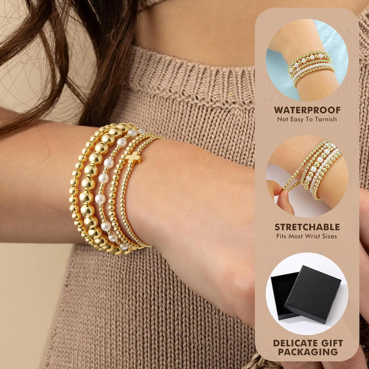 Yoosteel Gold Beaded Bracelets for Women Teen Girls, Gold Plated Jewelry | Gold Stackable Stretch Bracelets, Dainty Round Beaded Pearl Cross Bracelet Stack, Women Teenage Girls Birthday Gifts Jewelry