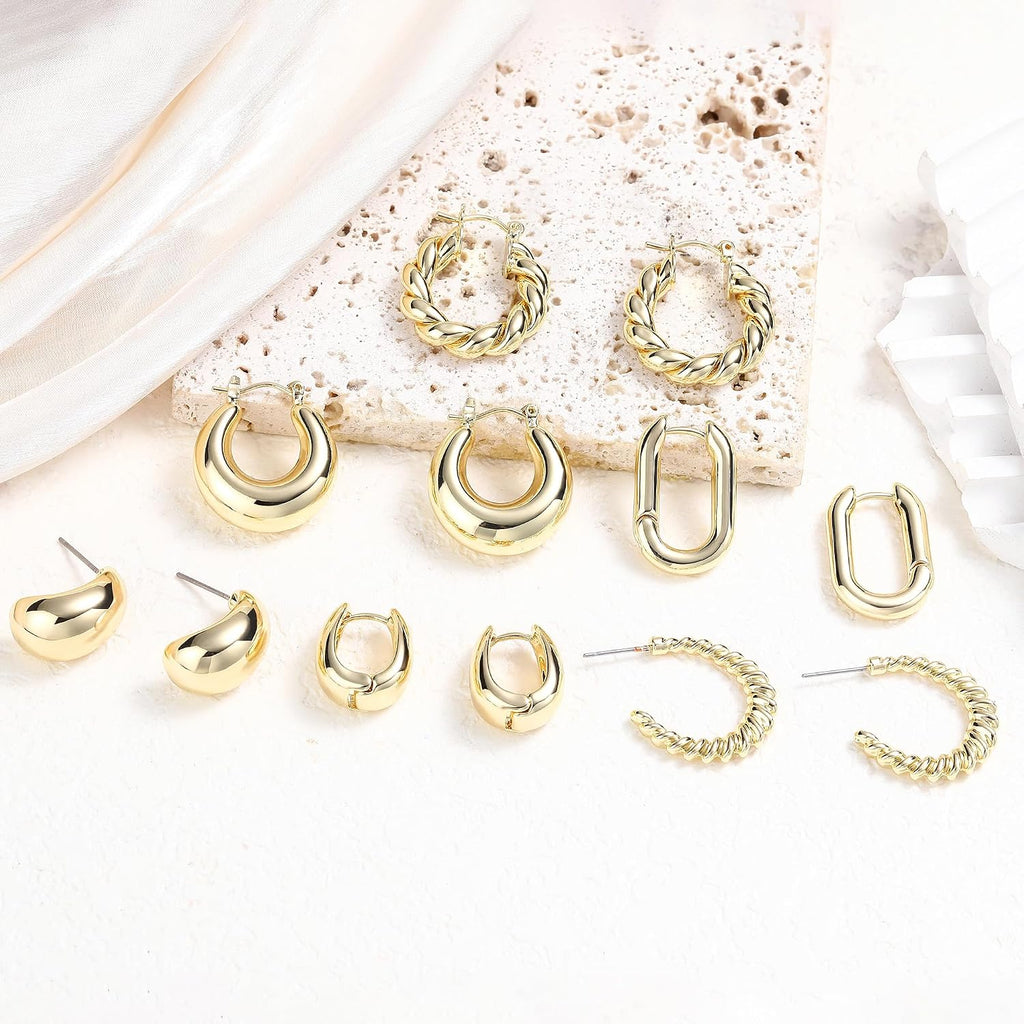 6 Pairs 14K Gold Plated Hoop Earrings for Women Lightweight Chunky Hoop Earrings Multipack Hypoallergenic, Thick Open Twisted Huggie Hoops Earring Set Jewelry for Gifts.
