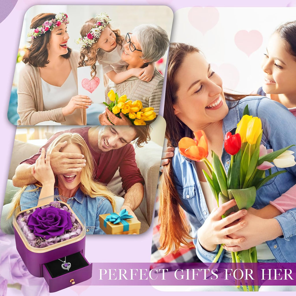 Beferr Birthday Gifts for Women Preserved Real Rose with Necklace Eternal Purple Roses Forever Flowers for Delivery Anniversary Mothers Day Flower Gifts for Mom Wife Grandma Daughter Her Girlfriend