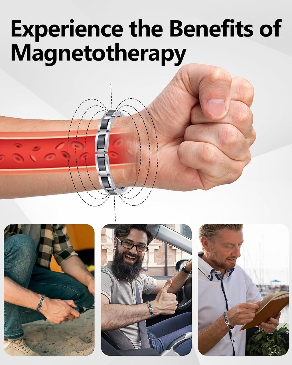 Feraco Mens Magnetic Bracelets,Titanium Stainless Steel Bracelet | Natural Hematite Stones,Fathers Day Jewelry Gifts,8.66 inch (Silver)