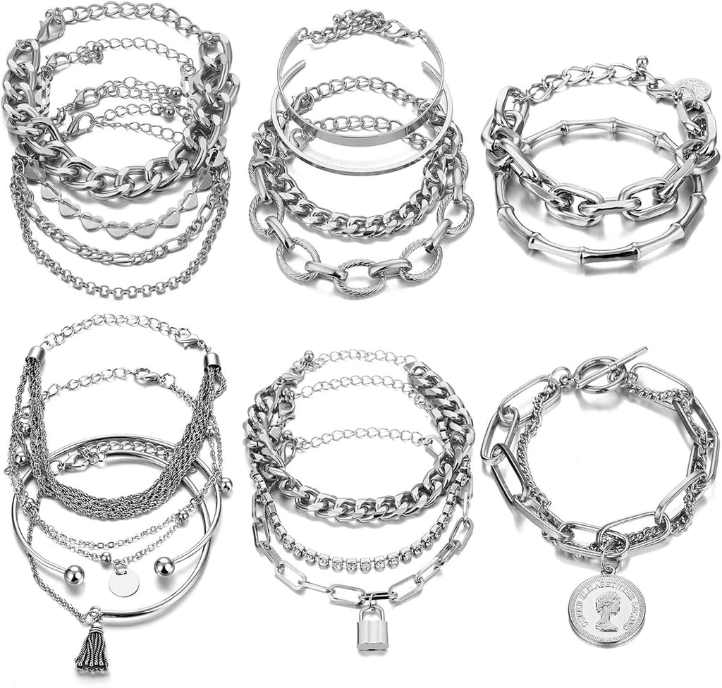 17IF 18-25 PCS(6 Pack) Boho Gold Silver Stackable Bracelets Set for Women | Chunky Dainty Bangles Adjustable Chain Flat Cuff Cuban Punk Charm Bundle Jewelry