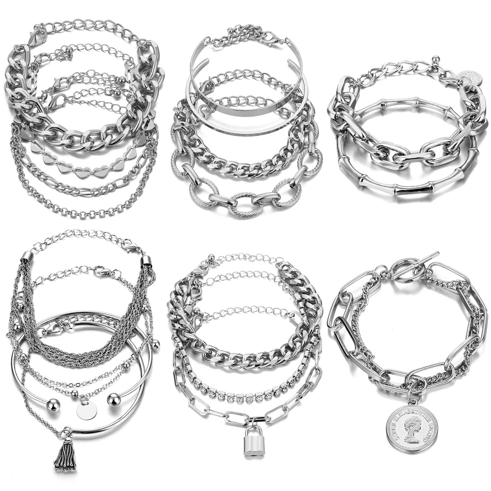 17IF 18-25 PCS(6 Pack) Boho Gold Silver Stackable Bracelets Set for Women | Chunky Dainty Bangles Adjustable Chain Flat Cuff Cuban Punk Charm Bundle Jewelry