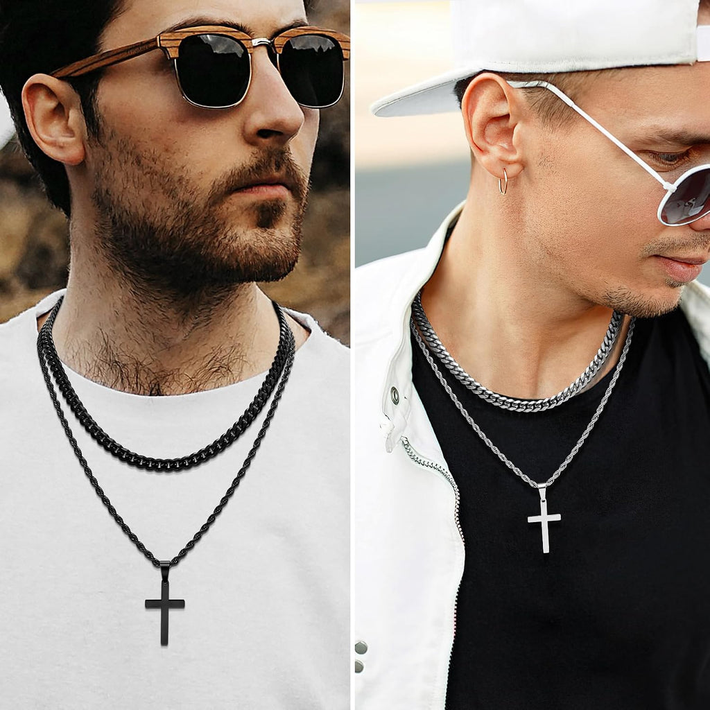 Romass 4Pcs Cross Necklace for Men Teen Boys,Stainless Steel Chains for Men Layered Necklaces Silver Gold Black Pendant Jewelry Box Gifts 18-24 Inches
