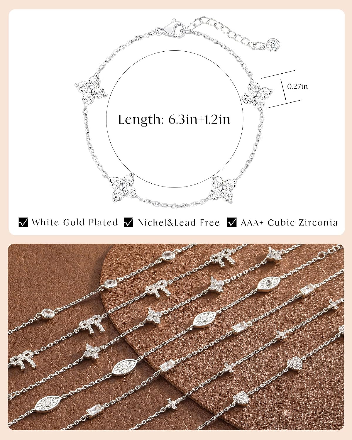 Dainty Silver Gold Bracelets for Women Trendy Non Tarnish Jewelry | 14K Gold Plated Clover Bracelet Stack, Waterproof Diamond Bracelets for Women, Stackable Heart Cross Evil Eye Charm Bracelets
