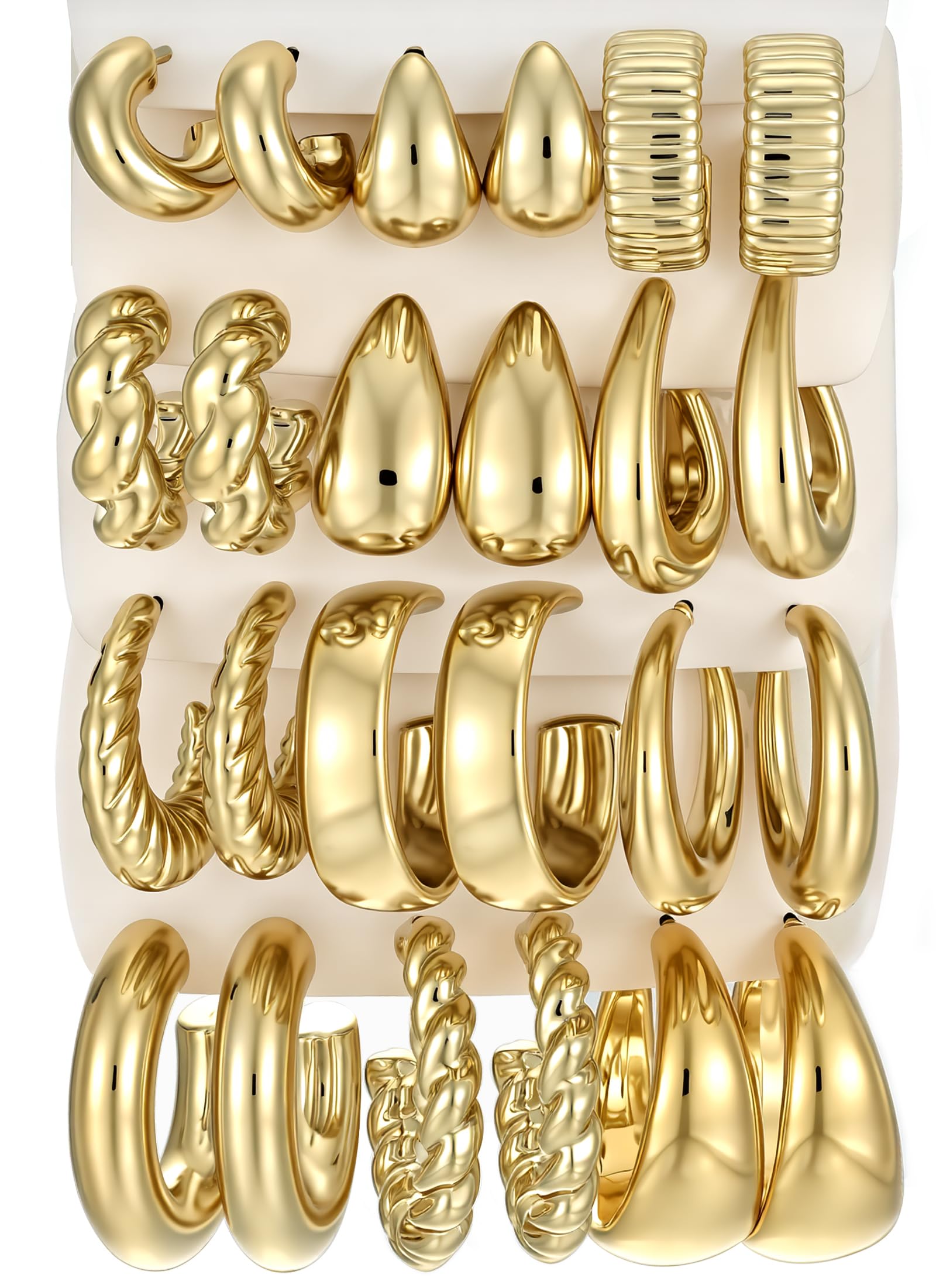 18 Pairs Gold Hoop Earrings for Women, Chunky Statement Hoops Set | Hypoallergenic, Earrings Pack, Open Hoops, Pearl, Twisted, Multiple Sizes, Lightweight for Daily Wear, Ideal Gift