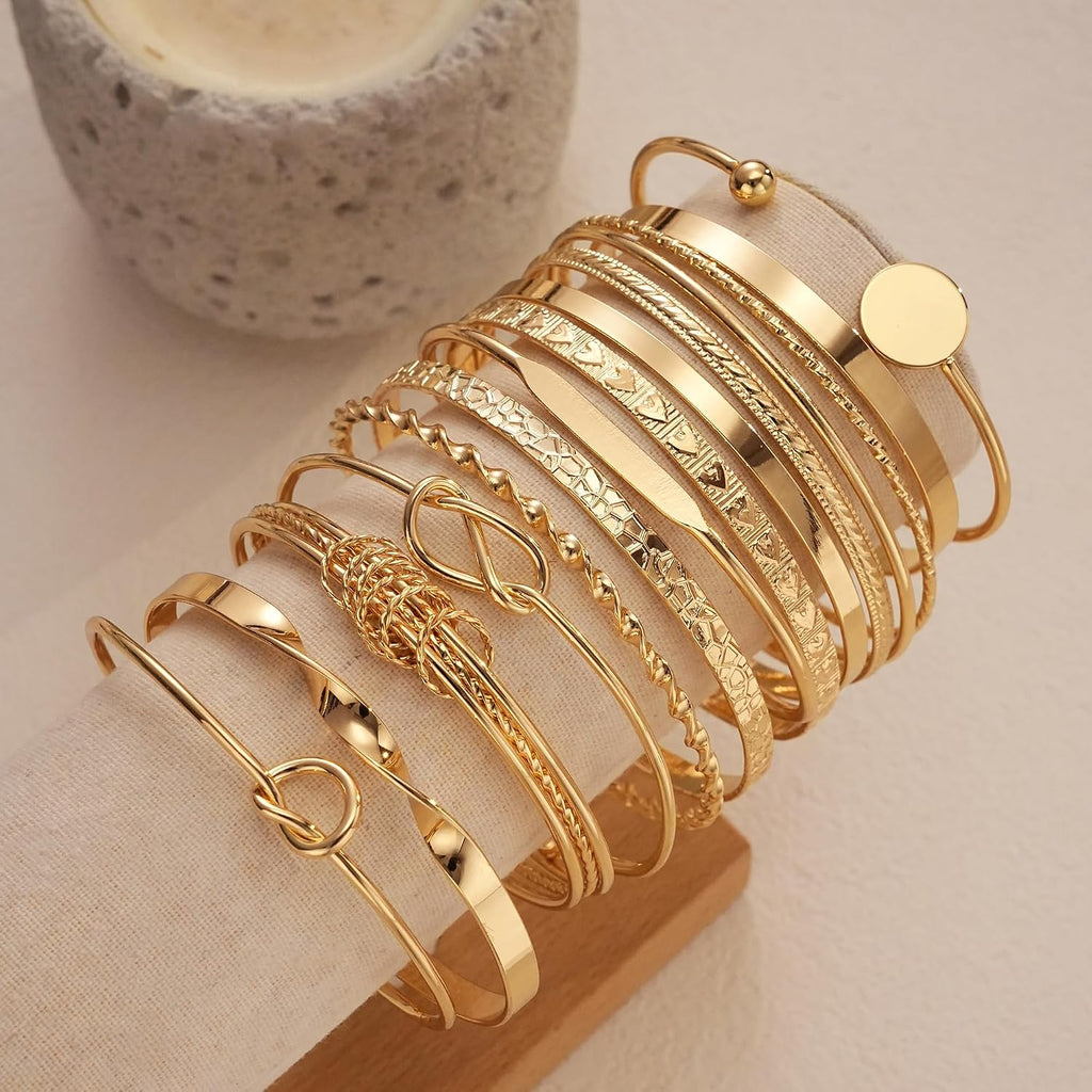 FAXHION Gold Bangle Bracelets for Women, 14 Pcs Multi Layer Stackable Bangle Set, 14K Gold Plated Textured Chunky Bracelets Boho Jewelrys Set