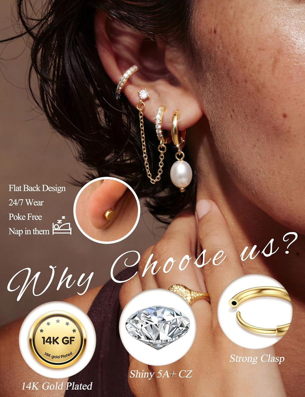 LOLIAS Hypoallergenic Flat Back Earrings Set for Women-Surgical Stainless Steel Earrings for Sensitive Ears-14K Gold Plated Chain Cartilage Earring Stacks Flatback Stud Hoop Earring Sets for Multiple Piercing Jewelry