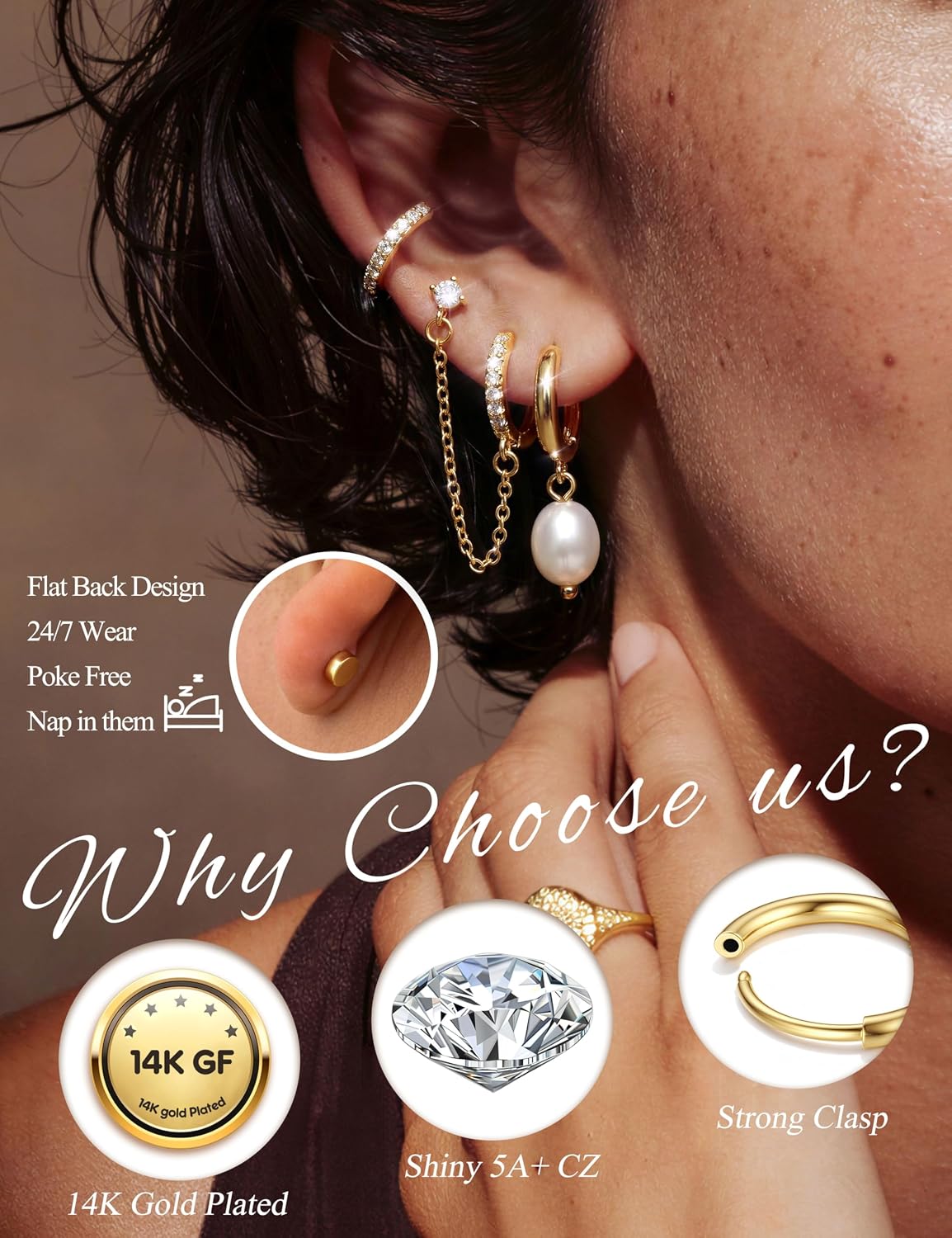 LOLIAS Hypoallergenic Flat Back Earrings Set for Women-Surgical Stainless Steel Earrings for Sensitive Ears-14K Gold Plated Chain Cartilage Earring Stacks Flatback Stud Hoop Earring Sets for Multiple Piercing Jewelry