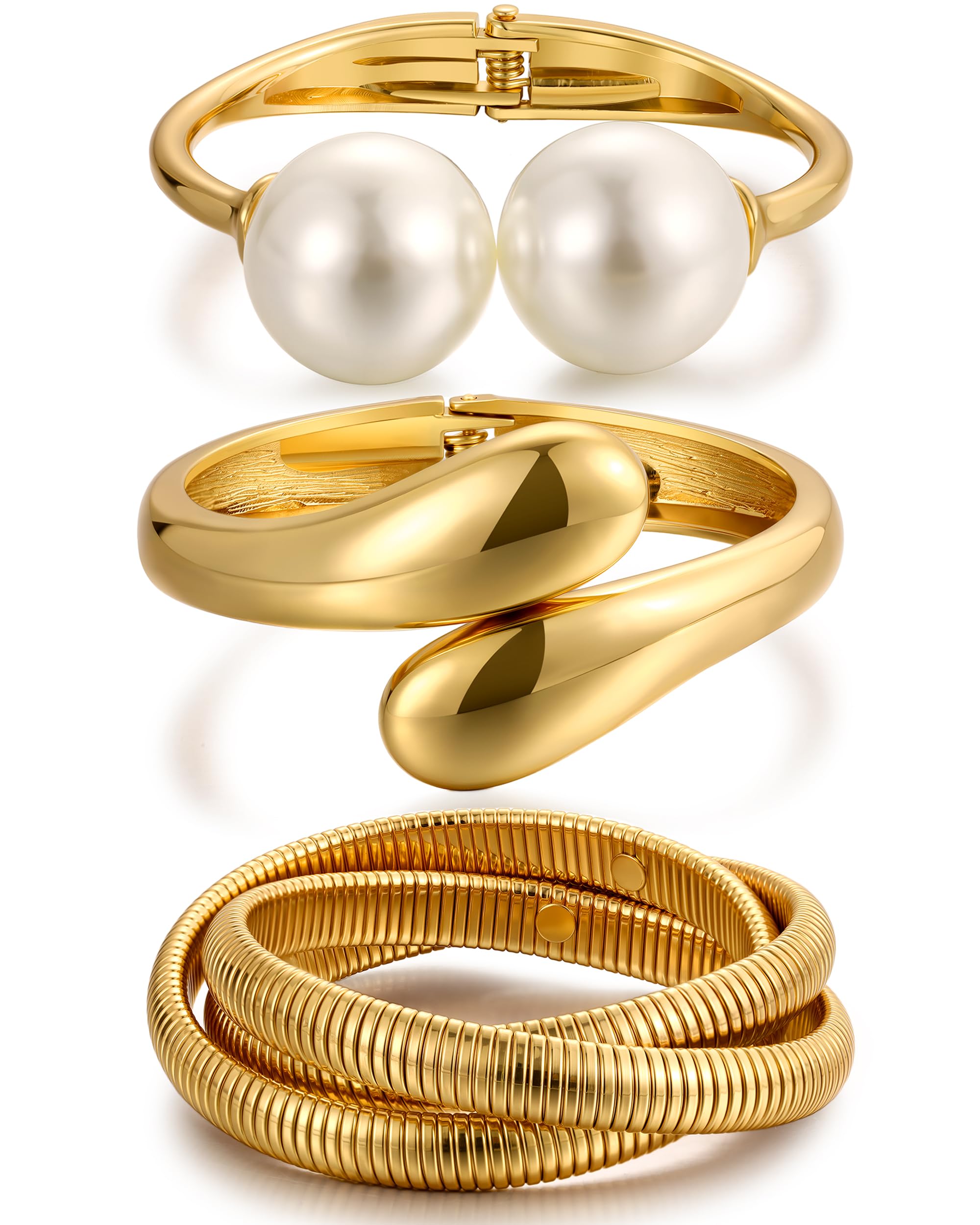 Chunky Gold Bangle Bracelets for Women, Dainty 14k Gold Plated Big Stackable Bangles Set, Trendy Statement Cuff Bracelet Stack Fashion Jewelry Gifts