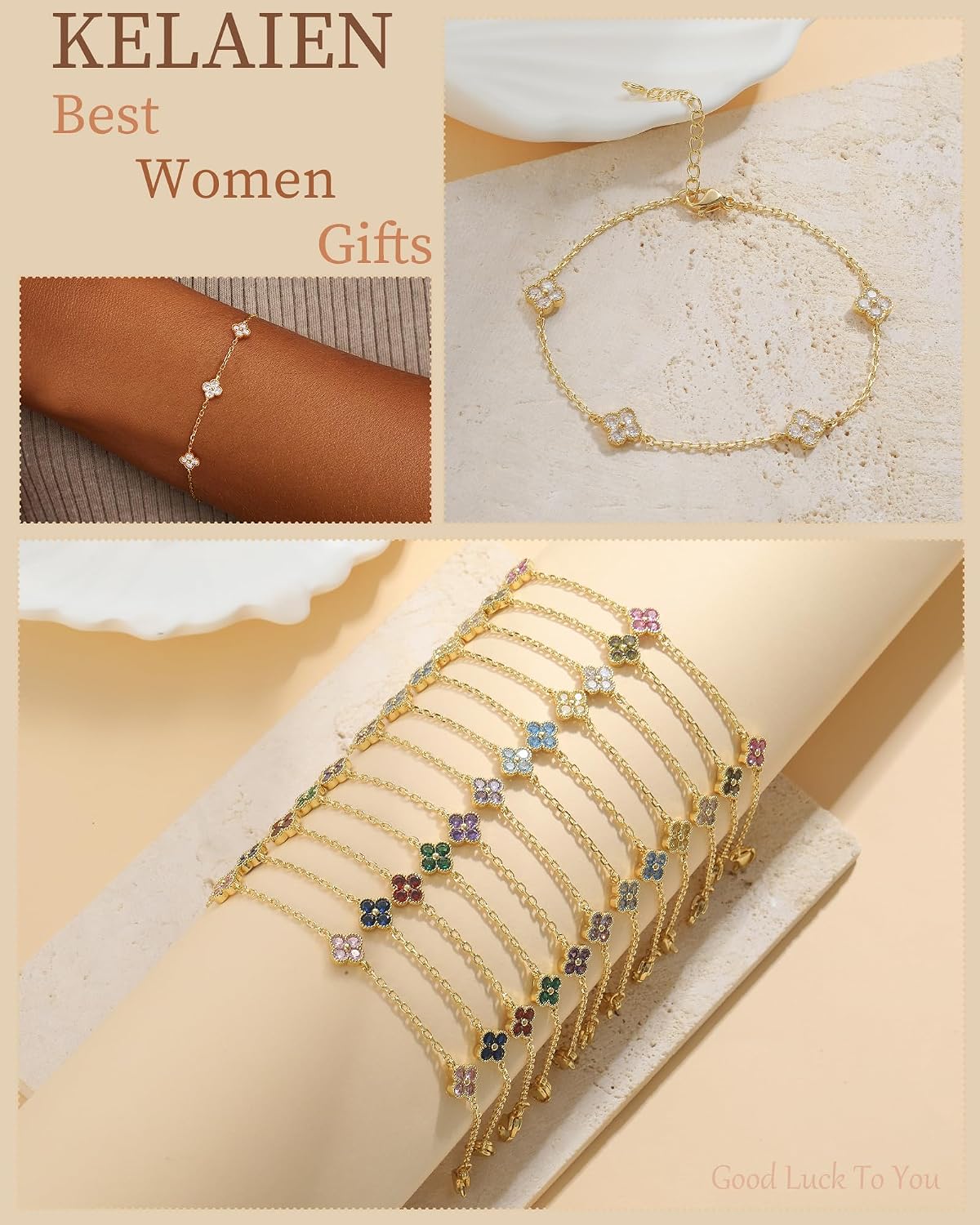 Birthstone Gold Clover Bracelet for women Dainty Cute bracelets | 14K Gold Plated,Friendship Stackable Bracelets for Women No Tarnish,Trendy Charm Best Friend Bracelet Stack,Birthday Jewelry